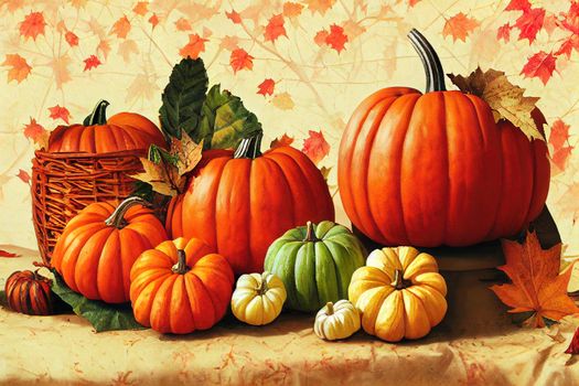 Autumn seasonal harvest Fruits and vegetables Pumpkin, red apples and maple leaves Autumn still life , anime style