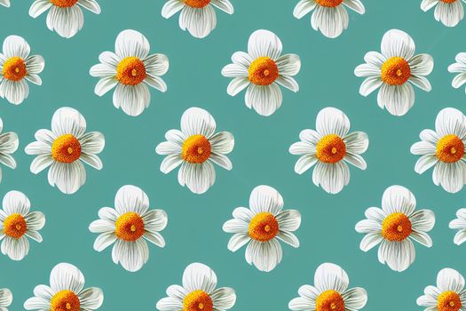 Seamless pattern with daisies. Mixed small and large blooming flower heads ornament. Bright summer botanical background in modern flat design.