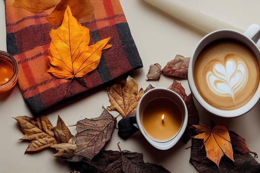 Autumn cozy composition Cup of coffee, plaid, candle, dried leaves on white background Autumn, fall concept Flat lay, top view, copy space , anime style