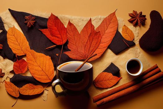 Autumn composition Cup of coffee, blanket, autumn leaves, cinnamon sticks on black background Flat lay, top view , anime style