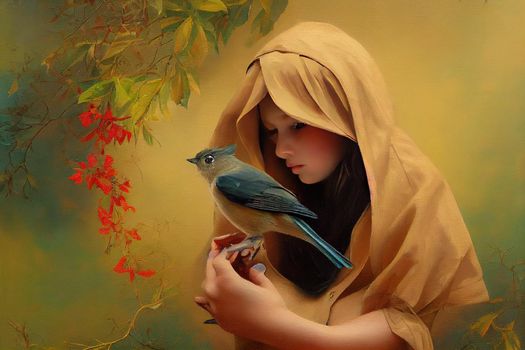 Young beautiful girl with a little bird titmouse on the hand. Created in warm colors by brush strokes. Oil painting on canvas.