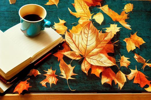 Composition with autumn leaves, blank notebooks, a cup of coffee on a blue wooden table , anime style