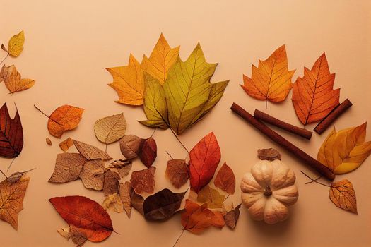 Craft paper blank frame and autumn leaves, cotton, pumpkin, cinnamon background Autumn mockup Autumn composition, fall concept Flat lay, top view and , anime style