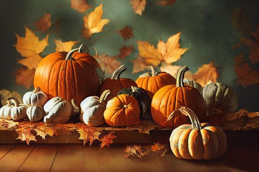 Rustic autumn still life with pumpkins and golden leaves on a wooden surface , anime style