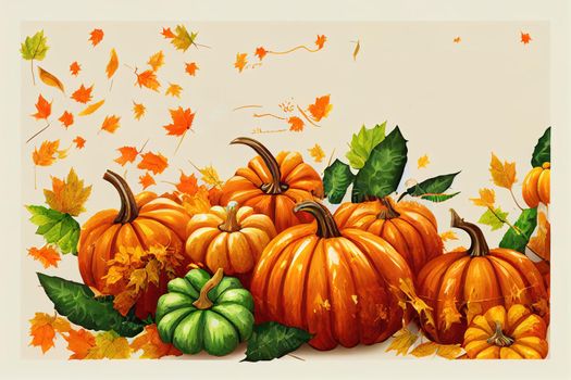 Autumn seasonal harvest Fruits and vegetables background Pumpkin, red apples and maple leaves Autumn still life , anime style