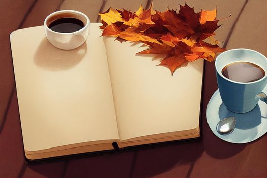 Composition with autumn leaves, blank notebooks, a cup of coffee on a blue wooden table , anime style