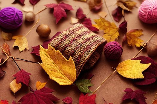 Flat lay autumn composition Knitted woolen pink female sweater or plaid, golden dry leaves on burgundy brown background top view copy space Fall concept Fashion color, cozy autumn thing, clothes , ani