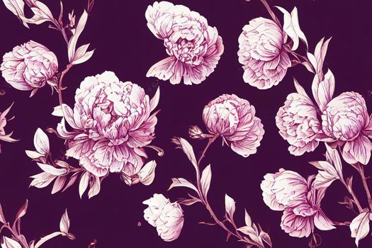 Big pattern with classic baroque peony flowers with petals, leaves and buds on lilac background