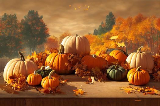 Autumn background with pumpkins, cutlery and golden leaves on a wooden surface , anime style