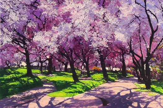 Sunny spring painting landscape. flowering blooming purple sakura trees in park alley positive acrylic painting by artist