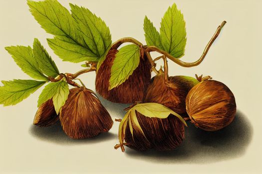 Chestnuts and chestnut burs on white background European species, sweet chestnut , anime style