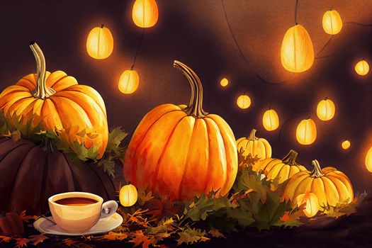 Pumpkin latte on a dark background with pumpkins and autumn leaves and colored lights Autumn composition in warm colors , anime style