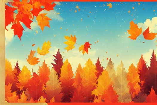 Autumn seasonal harvest Fruits and vegetables background Pumpkin, red apples and maple leaves Autumn still life , anime style