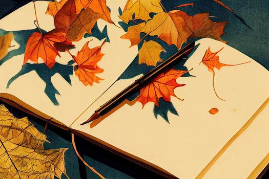 Composition with autumn leaves, blank notebooks, a cup of coffee on a blue wooden table , anime style