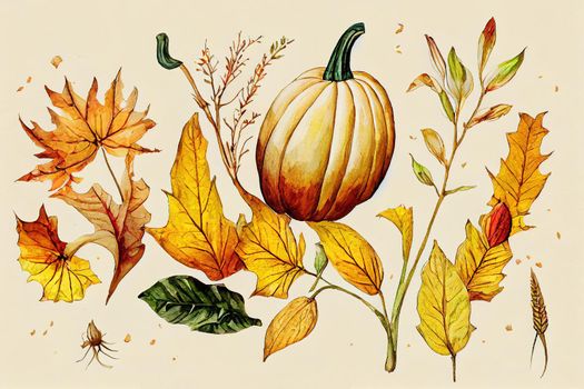 Botanical illustration hand drawn by watercolor Isolated on white background Autumn, Thanksgiving, Halloween composition for decorating greeting cards, invitation Pumpkins, flowers, dried plants , ani