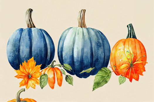 Watercolor pumpkins composition Hand painted blue and orange pumpkins with leaves isolated on white background Autumn festival Botanical illustration for design, print or background , anime style