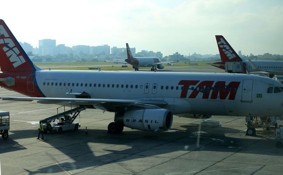 sao paulo, sp/brazil - February 11, 2017: Airbus of Tam Linhas Aereas is seen in the courtyard of Congonhas Airport in Sao Paulo city.