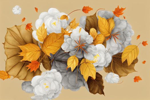 Autumn fall concept Flying cotton flowers, golden autumn leaves on light gray background Creative Floral background with cotton, delicate flowers of fluffy cotton Flat lay flowers composition , anime