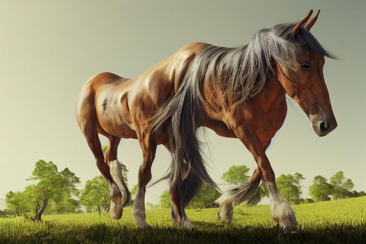 horse Walking in nature 2d Rendering. High quality illustration