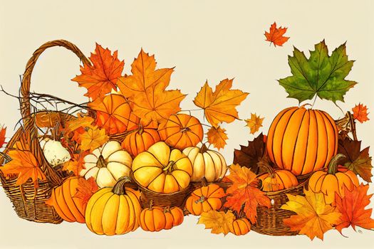 Composition of maple leaves, pumpkins and baskets on a white background Autumn concept Harvesting Isolated , anime style