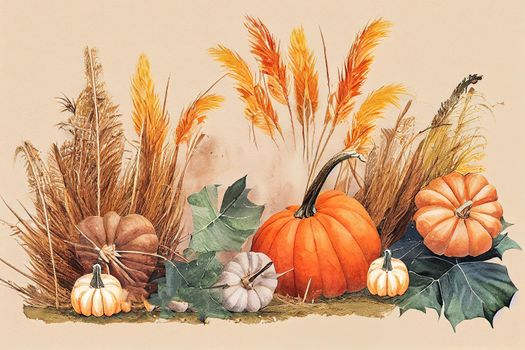 Pumpkin and pampas grass arrangement Fall boho style watercolor illustration Autumn, harvest, thanksgiving card, greeteng, stationery, fall wedding invitation , anime style