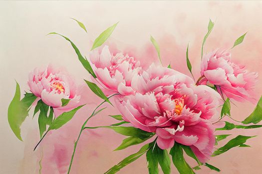 Blooming pink peonies background. Smooth wet paint drips. Summer nature watercolor painting wallpaper color of season 2022. Lightweight and softness concept.