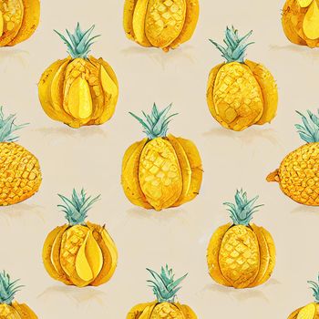 Yellow Fruits seamless pattern with cute natural drawing. Banana, corn, pineapple, lemon, pumpkin isolated on bright background tile