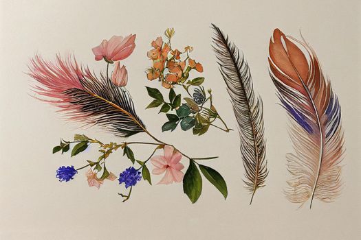 Watercolor natural set with flowers and feathers, High quality Illustration