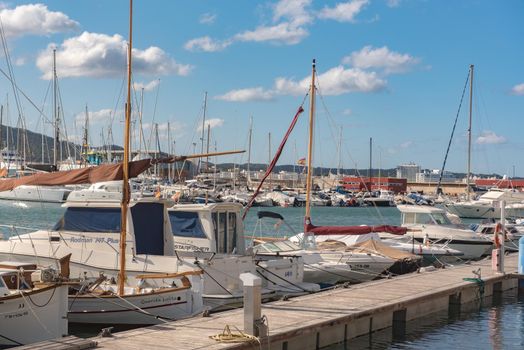 Sant Antoni de Portmany, Ibiza, Spain : NOV 8 2019 : Sunny day in the port of Sant Antoni de POrtmany, Ibiza, Spain.