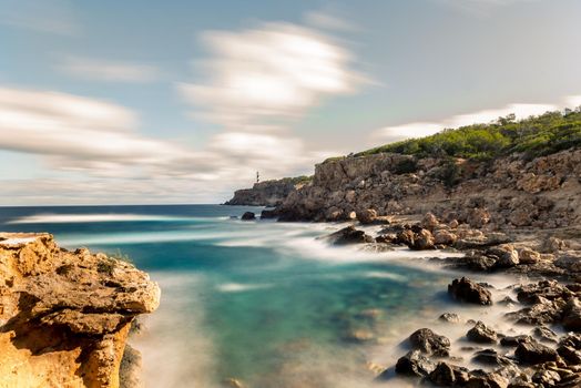 North coast of Ibiza island, Moscarter lighthouse as background, Spain