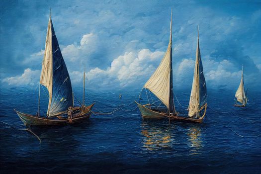 Oil painting on canvas depicting two sailing boats with fisherman on the blue sea