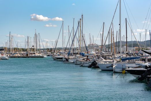 Sant Antoni de Portmany, Ibiza, Spain : NOV 8 2019 : Sunny day in the port of Sant Antoni de POrtmany, Ibiza, Spain.