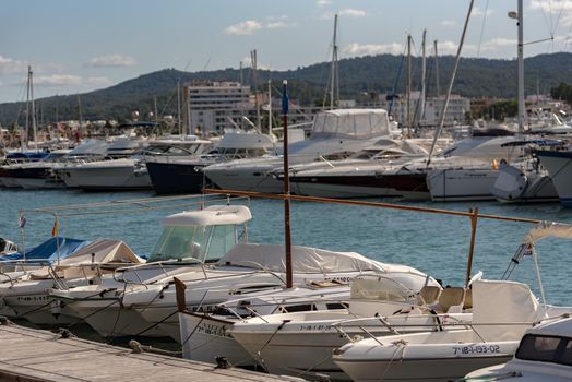 Sant Antoni de Portmany, Ibiza, Spain : NOV 8 2019 : Sunny day in the port of Sant Antoni de POrtmany, Ibiza, Spain.