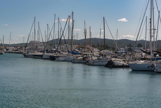 Sant Antoni de Portmany, Ibiza, Spain : NOV 8 2019 : Sunny day in the port of Sant Antoni de POrtmany, Ibiza, Spain.