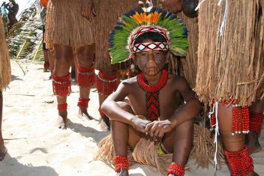 santa cruz cabralia, bahia, brazil - april 17, 2008: Indigenous people from Etina Pataxo are seen during indigenous games from the Coroa Vermelha village in the city of Santa Cruz Cabralia.