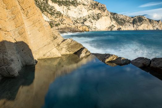 Ibiza, Spain - september 1 2019: Sa pedrera de Cala de Hort, Atlantis at late afternoon