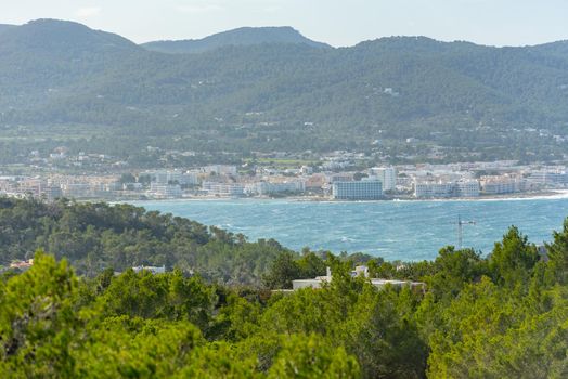 Panoramic view of the city of Sant Antoni de Portmany in Ibiza, Spain