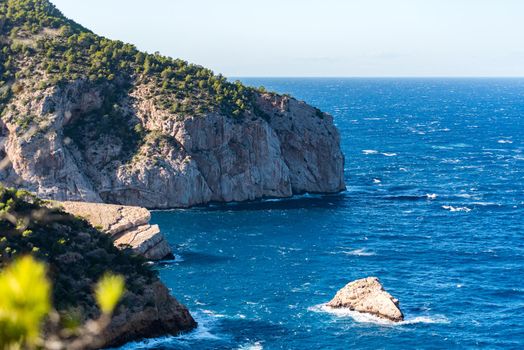 Turquoise waters in Es Portitxol, Ibiza, Spain. Hidden bay on the Island of Ibiza, in Sant Joan de Labritja.