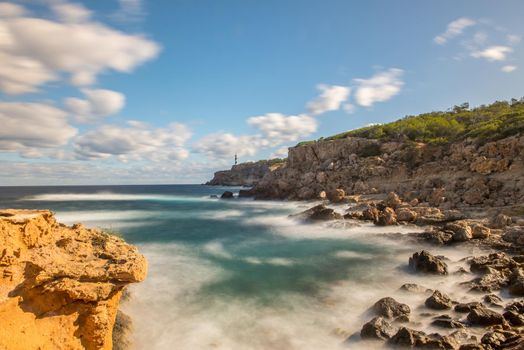 North coast of Ibiza island, Moscarter lighthouse as background, Spain