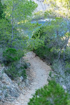 Turquoise waters in Es Portitxol, Ibiza, Spain. Hidden bay on the Island of Ibiza, in Sant Joan de Labritja.