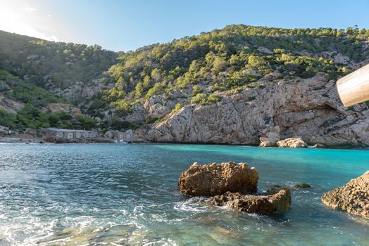 Turquoise waters in Es Portitxol, Ibiza, Spain. Hidden bay on the Island of Ibiza, in Sant Joan de Labritja.