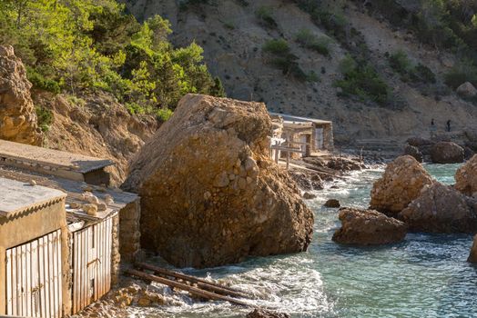 Turquoise waters in Es Portitxol, Ibiza, Spain. Hidden bay on the Island of Ibiza, in Sant Joan de Labritja.