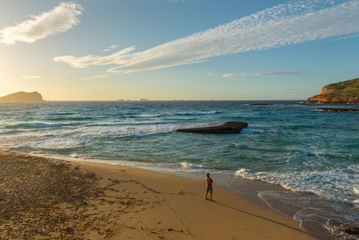 Ibiza sunset from Cala Conta Comte in San Jose at Balearic Islands Spain.