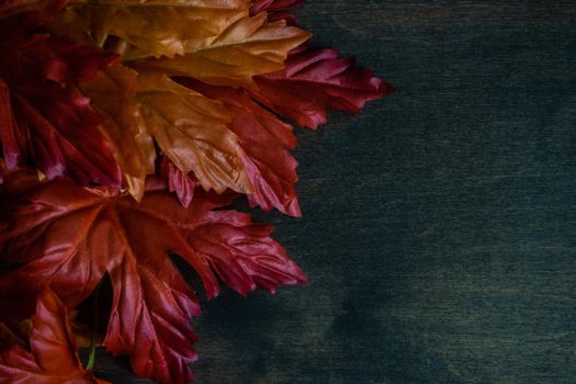 Autumnal flat lay with leaves and pumpkins on wooden background