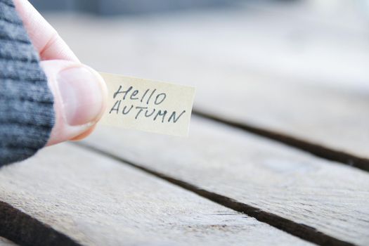 Hello autumn, creative concept. The inscription on the tag. High quality photo