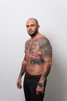 Naked man blue isolated fat big chubby background young, from tattoo person for lifestyle from casual one, handsome muscular. Cellulite hairstyle elegant,