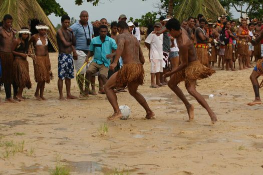 santa cruz cabralia, bahia / brazil - april 21, 2009: Ethnic Pataxo Indians are seen at a soccer match at Coroa Vermelha Village during the IX Edition of the Indian Games.