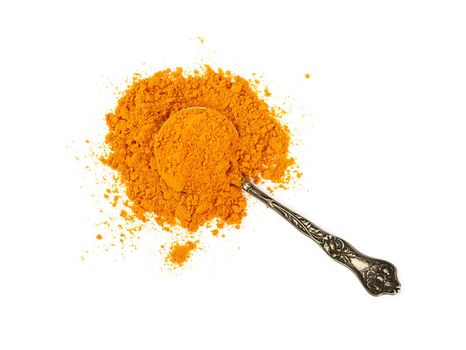 Close up one vintage metal spoon full of yellow turmeric spice powder spilled and spread around isolated on white background, elevated top view, directly above