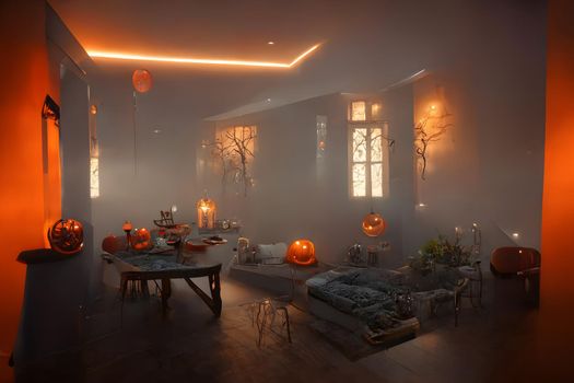 halloween decorated home interior with costumed figures and smoke or fog, neural network generated art. Digitally generated image. Not based on any actual scene or pattern.