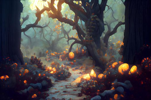 spooky halloween forest, neural network generated art. Digitally generated image. Not based on any actual scene or pattern.
